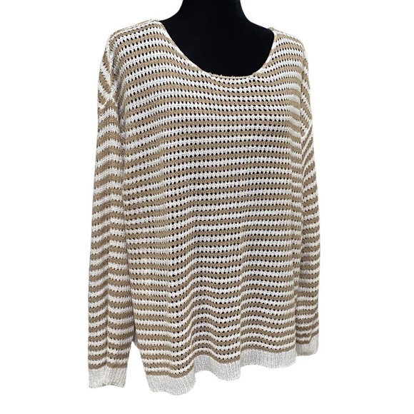 Pink Lily Taupe Ivory Striped Boho Beachy Open Knit Sweater 3XL - Picture 8 of 13